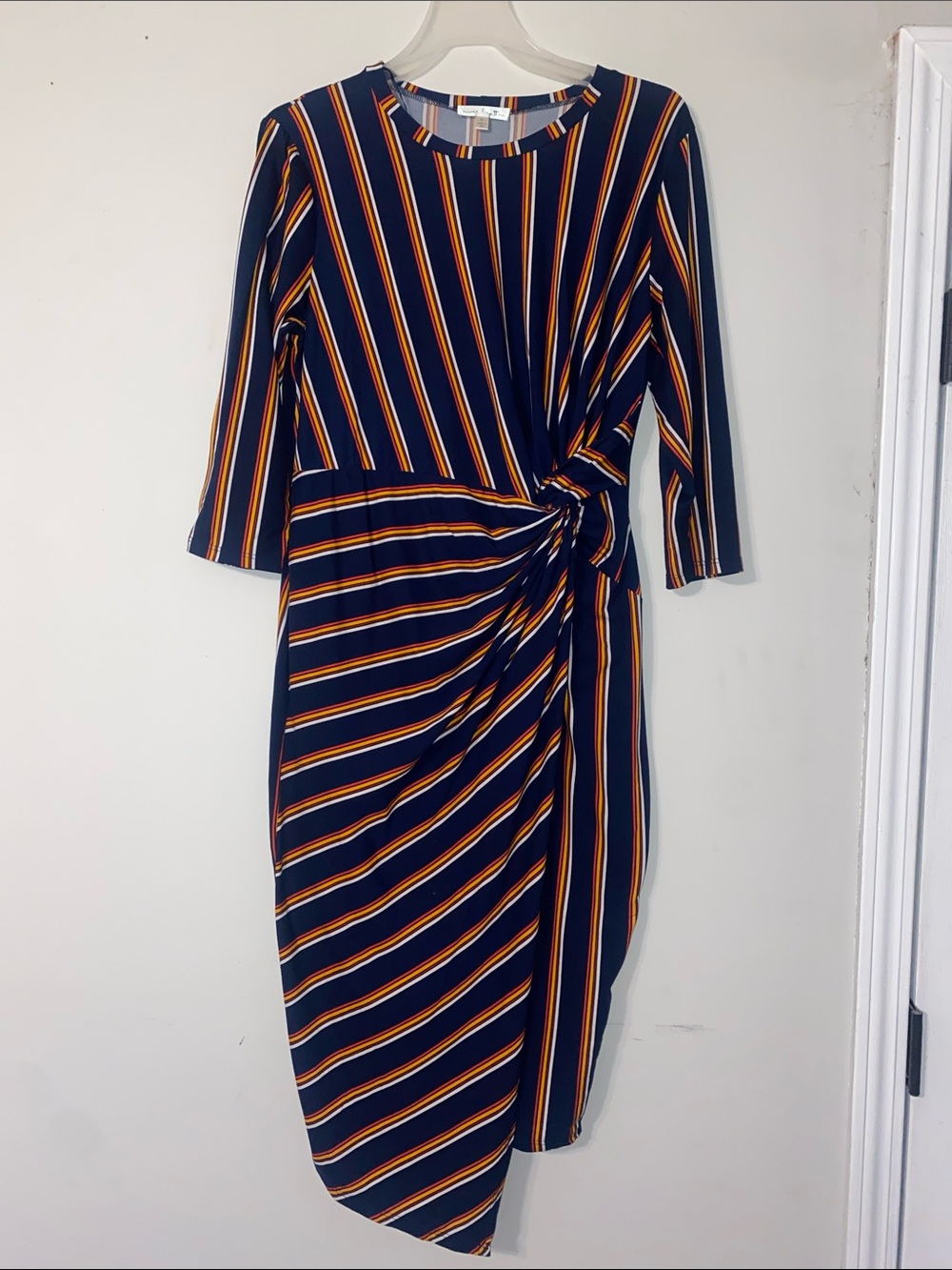 nine britton Navy Striped Wrap Waist Midi Dress